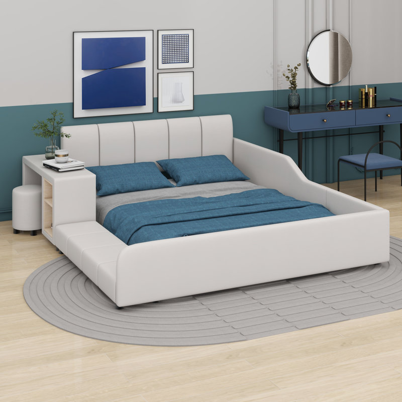 Lit plateforme tapissier avec rangement Leavie, Beige, Grand