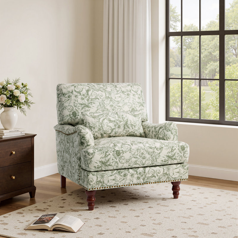 Upholstered Rococo Green Nailhead Trim Accent Chair with Throw Pillow and Solid Wood Legs, Rococo Green Chenille
