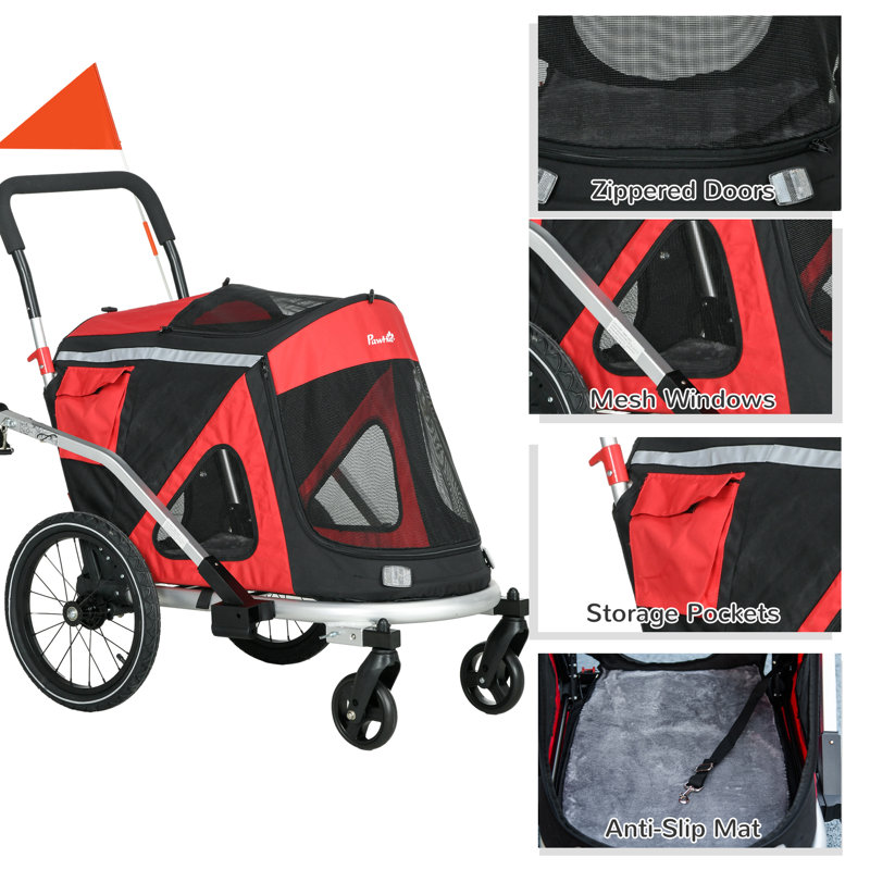 Red Foldable Aluminum Dog Bike Trailer with Safety Features