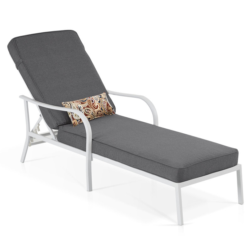 Outdoor Chaise Lounge Chair with Cushion, Adjustable Backrest Reclining and Lumbar Pillow, Dark Gray