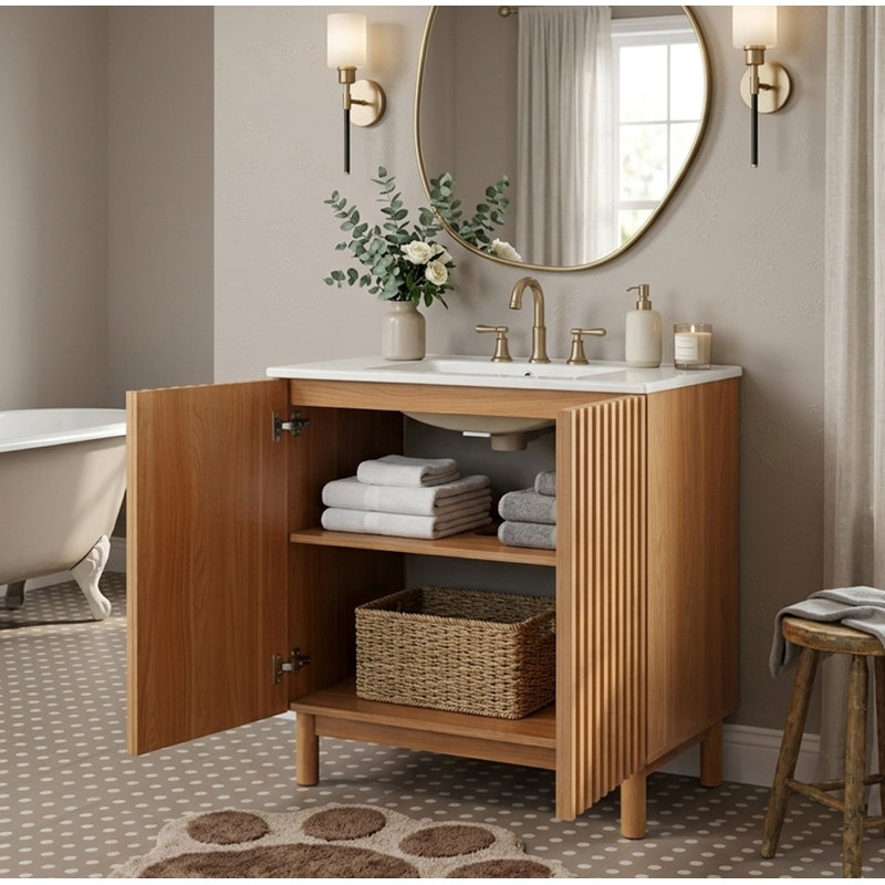 Meuble-lavabo simple 29,9 po avec comptoir en céramique, rangement pour armoire, tablette ajustable en forme de U, porte à rainure, style campagne moderne, salle de bain