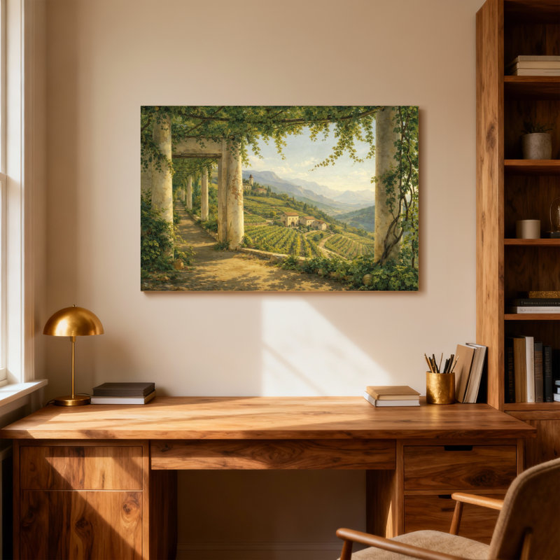 Sentier viticole avec colonnes et collines, H 16 po x l 24 po