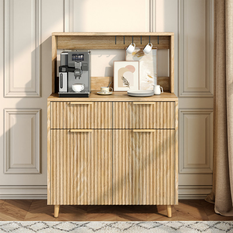Wood Finish Striped Sideboard Buffet Cabinet With 2 Drawers & Adjustable Shelves