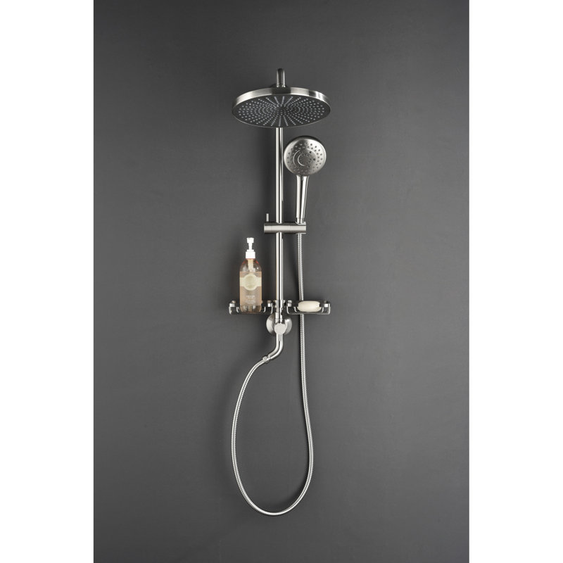Pomme de douche avec pomme de douche à effet pluie de 10 po, douche à 4 poignées, bouchon coulissant réglable et plateau à savon en nickel brossé