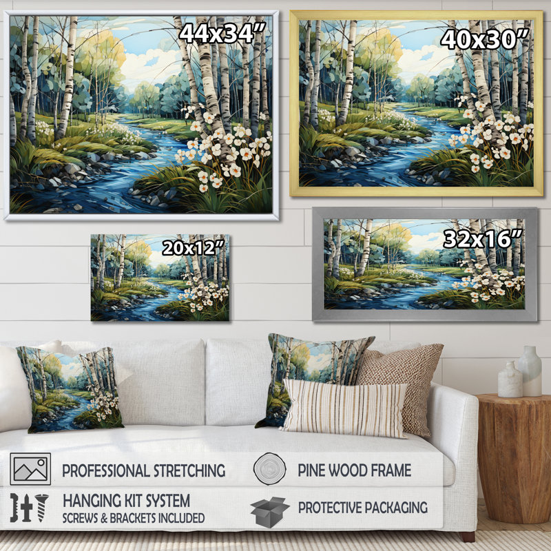 «Birch Woods Whispering Winds», art mural sur toile de bouleau, Cadre flottant blanc, H 12 po x l 20 po x P 1 po
