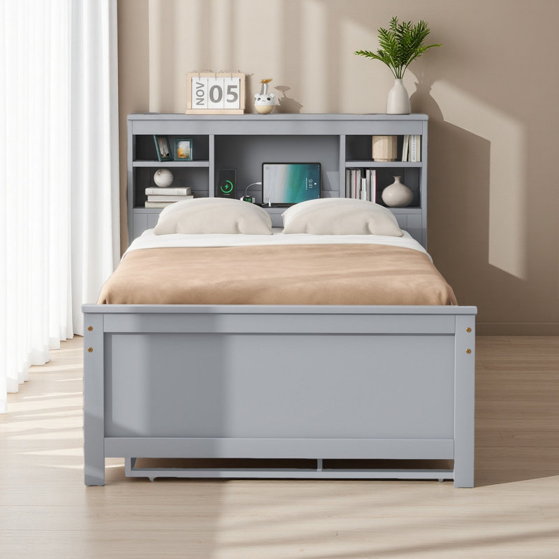Lit plateforme avec tête de lit, USB, lit gigogne simple et 3 tiroirs, Gris, Lit simple