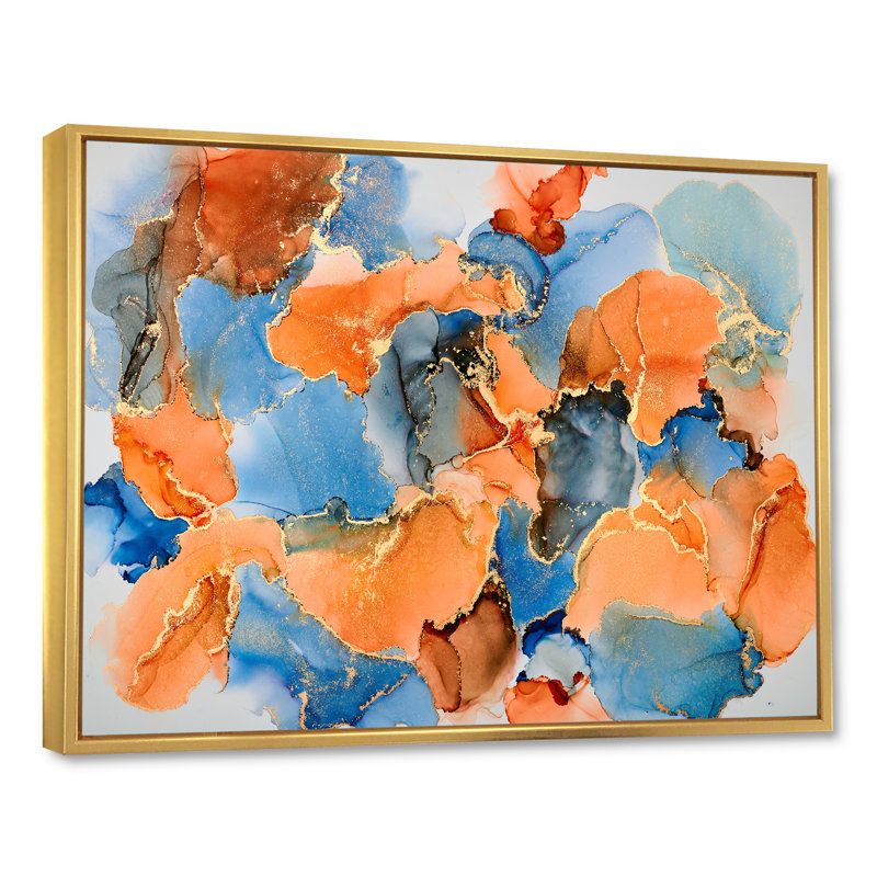 «Blue and Brown Luxury Abstract Fluid VII», peinture sur toile, H 16 po x l 32 po x P 1 po, Cadre flottant doré