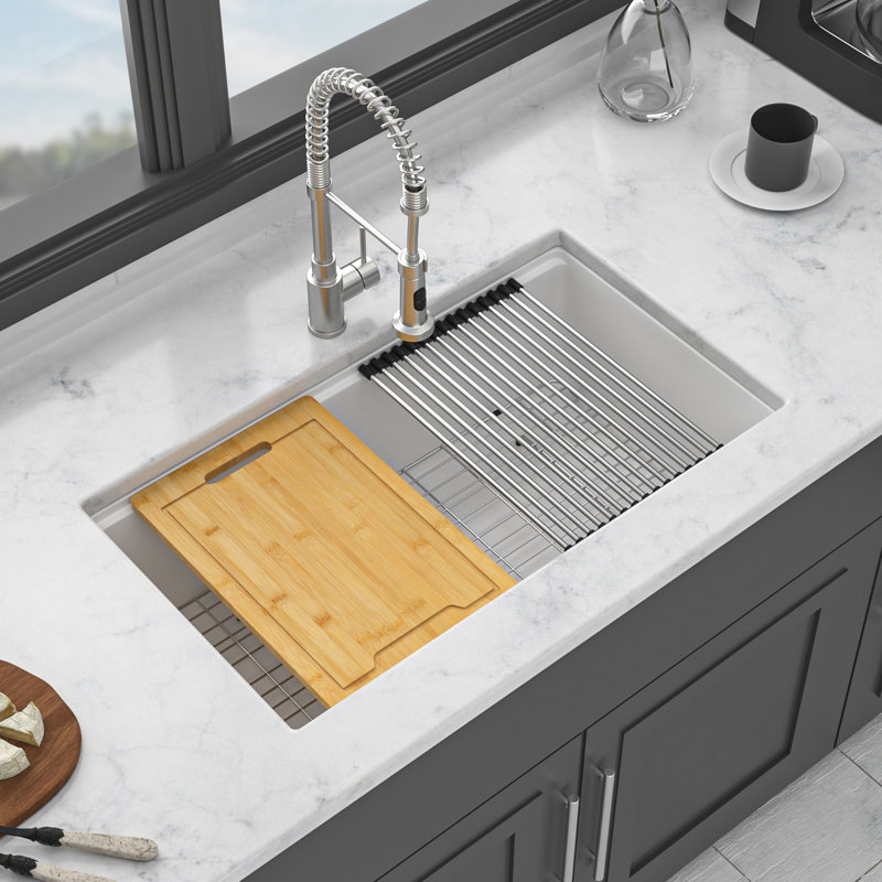 White Quartz Kitchen Undermount Sink 33X19" - Robust Workstation With Included Feature Extra Items
