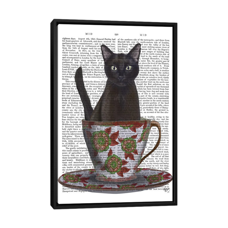 «Black Cat in a Teacup I», impression sur toile, H 26 po x l 18 po x P 1,5 po, Toile avec cadre flottant noir, Pas de tapis
