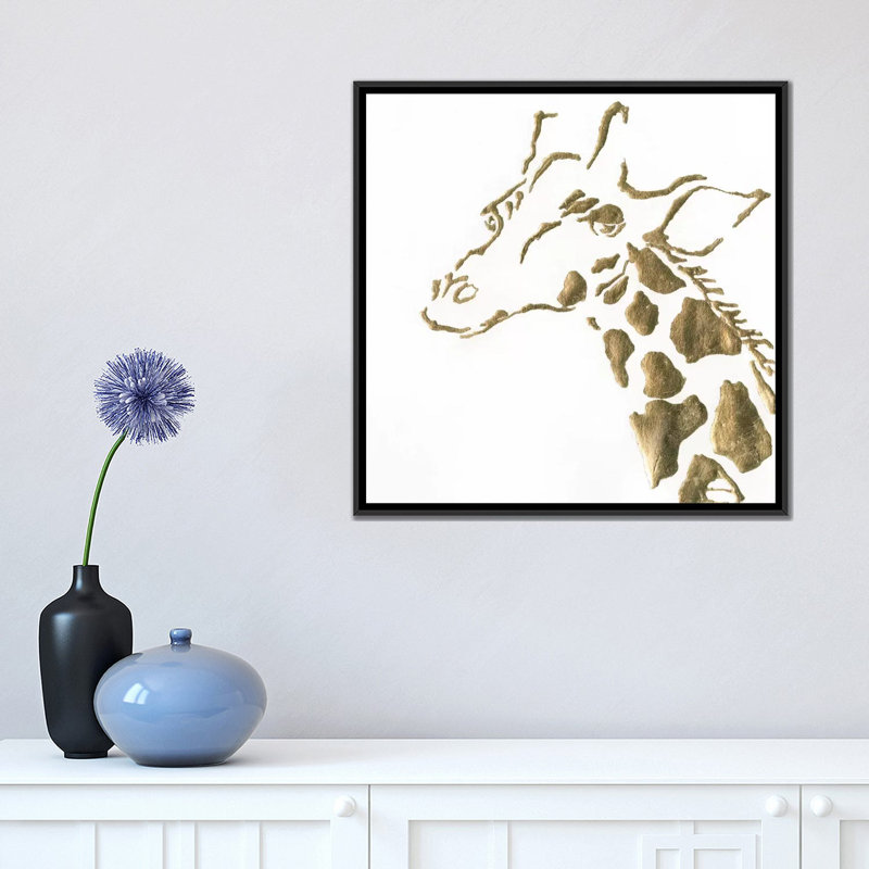 «Gilded Giraffe», impression sur toile, H 18 po x l 18 po x P 1,5 po, Toile avec cadre noir, Pas de tapis