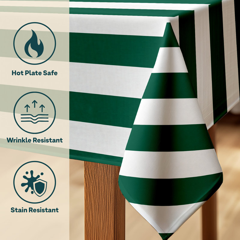 Caius Cabana Stripe Rectangular Washable Polyester Tablecloth for Dining Linen, Forest / White