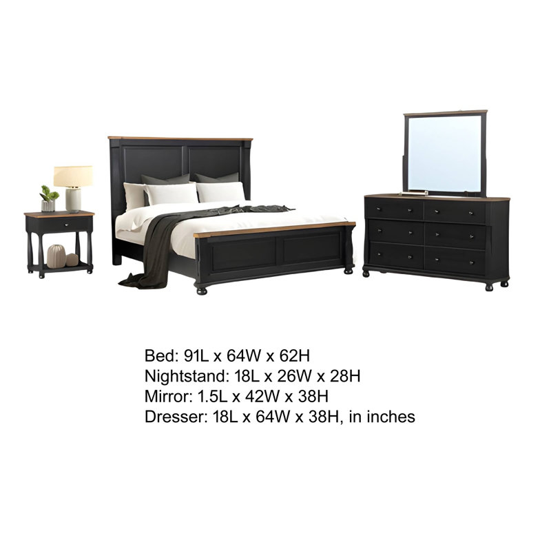 Ensemble de chambre avec grand lit 4 pièces Ginie, table de chevet USB, miroir, bois brun noir