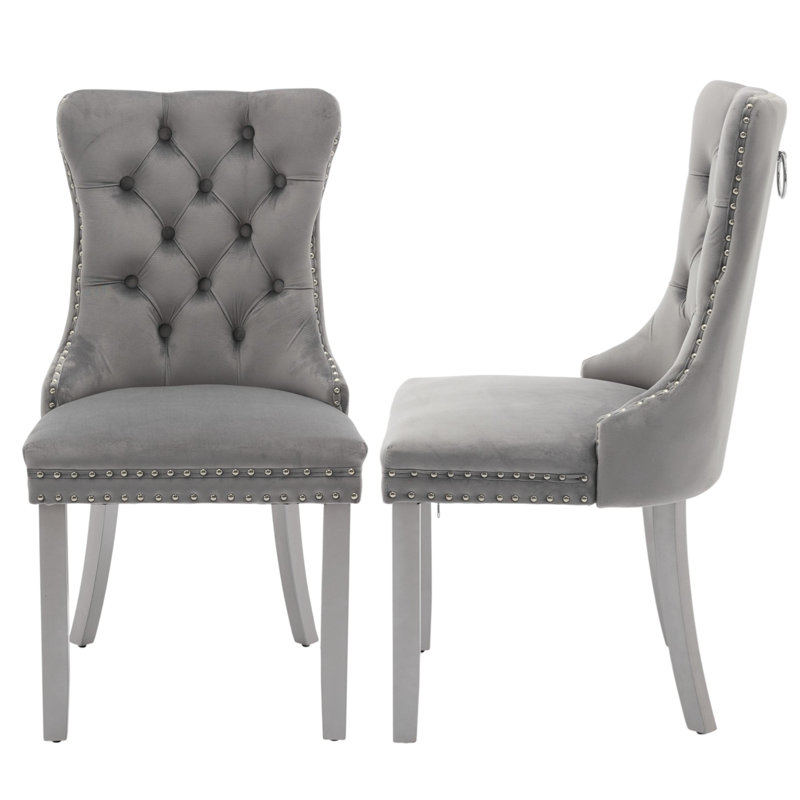 Aalbert Modern Velvet Wingback Tufted Upholstered Dining Chairs with Solid Wood Legs, Gray, Silver, 4