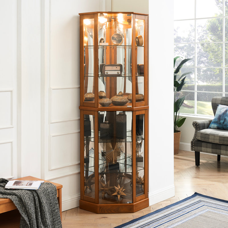 72"h Oak Curio Cabinet With Lights, Mirrored, Adjustable Shelf Unit 6 Shelves,, Oak