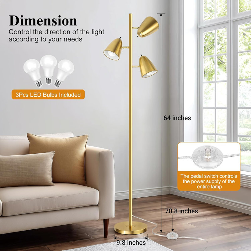 Lampe sur pied d'arbre avec 3 ampoules, lampes sur pied pour le bureau de la chambre à coucher, lampes de lecture debout avec 3 bras réglables