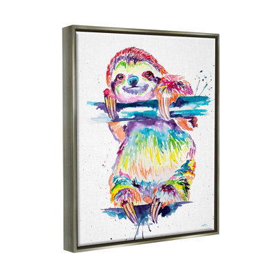 «Fun Rainbow Sloth Wildlife» par Jen Seeley - peinture sur toile à cadre flottant
