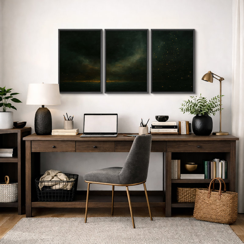 "Dark Abstract" vert et or Atmosphere Wall Decor - Art sur toile encadré 3 pièces, H 36 po x l 72 po, Structure noire