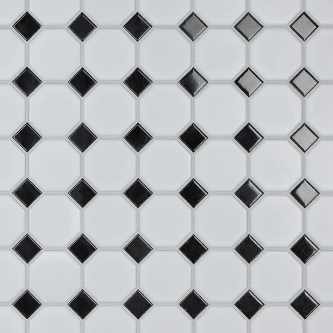 Metropolis Metro Octagon Matte White with Black Dot 11-1/2" x 11-1/2" Porcelain Mosaic Floor and Wall Tile Merola Tile