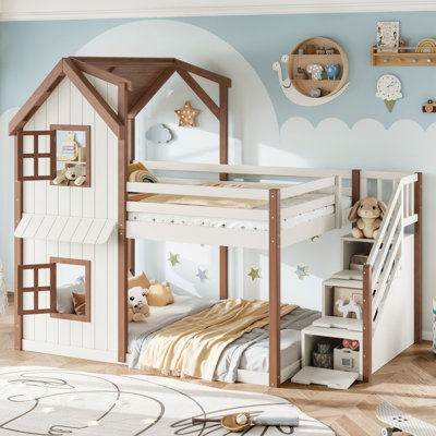 Lit superposé double au dessus d'un lit double avec escalier de rangement, lit superposé pour enfant avec toit et fenêtres, cadre de lit en bois massif avec espace inférieur multifonctionnel, beige et naturel