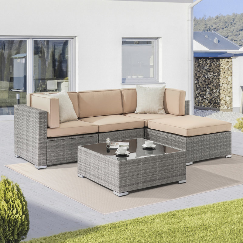 Ensemble de conversation modulaire en rotin 5 pièces avec coussins Romail, Sable, gris