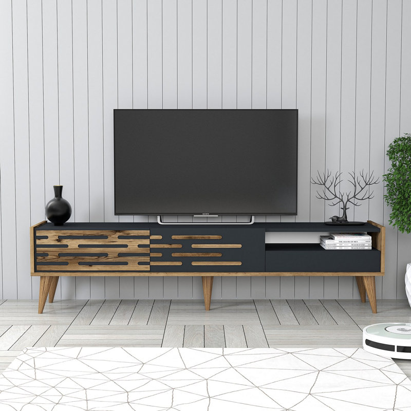 Modern TV Stand with Multiple Shelves, Walnut & Anthracite Finish, 70.9 x 13.8 x 17.7 inches | 100% Melamine Coated Particle Board, Plastic Handles & Legs | Stylish Scandinavian Design for Living Room & Entertainment Spaces