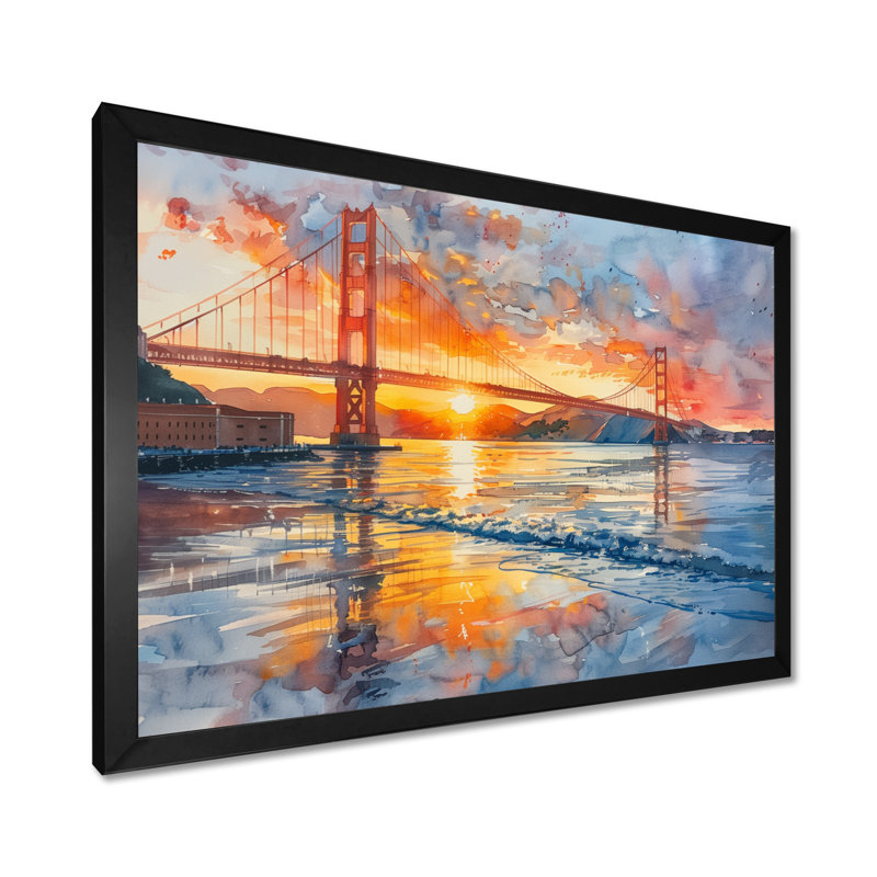 Décoration murale jaune et rouge Golden Gate Summer Sunset Glow IV - Ponts, Toile encadrée noire simple