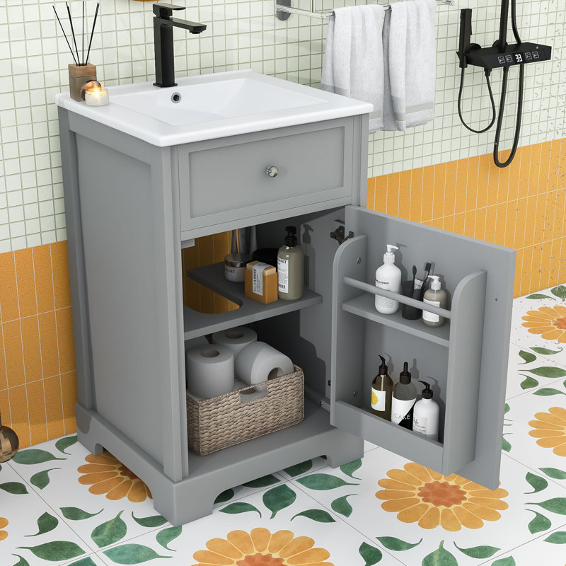 Meuble-lavabo contemporain simple avec lavabo en céramique, porte à fermeture douce et tablette réglable, Gris