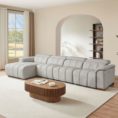 4 Seats Wall-Hugger Reclining Sofa Modern Electric Control Genuine Leather L Shaped Couch,Lounge Seat Theater Seating Furniture With USB Port, Sofa With Headrest & Footrest For Living Room,Apartment