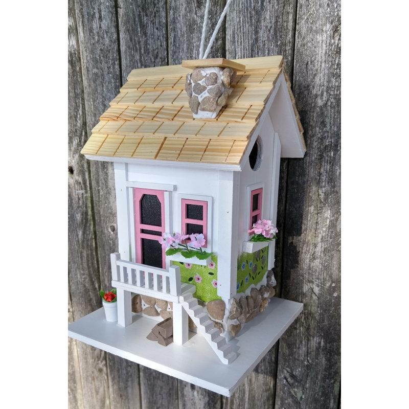 White and Pink Cottage Birdhouse with Pine Shingles