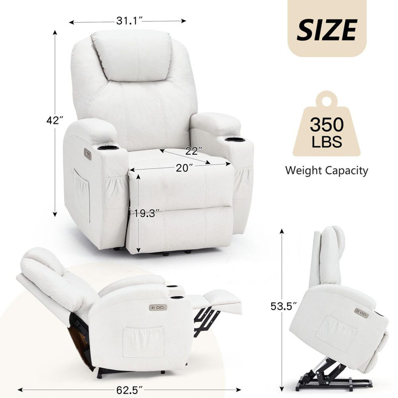 Faux Leather Lift Assist Recliner, Ivory Microfiber Microsuede