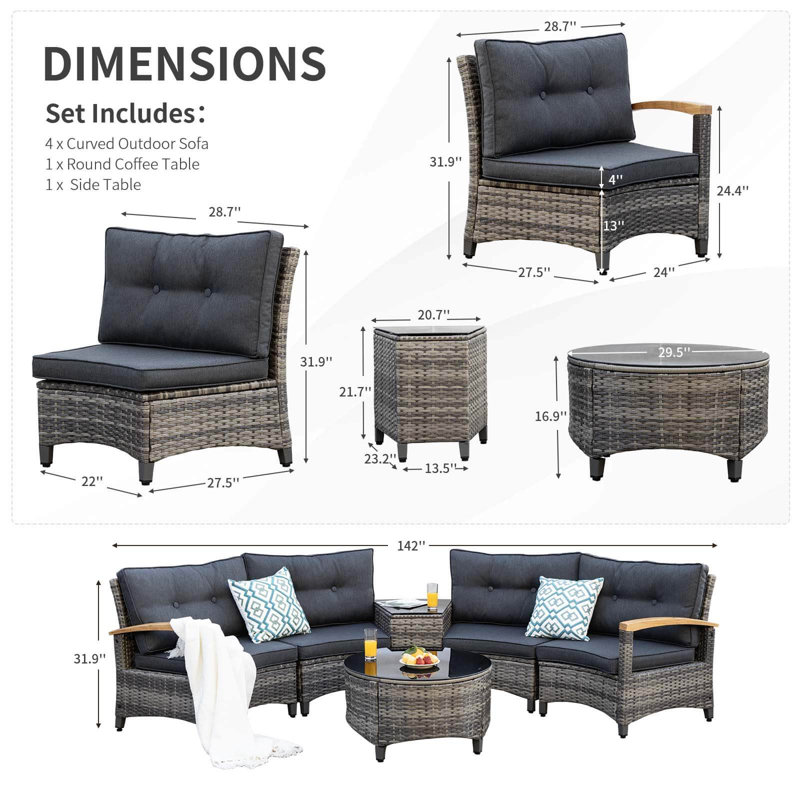 6 Piece Outdoor Patio Furniture Set, Half-Moon Curved Sectional Sofa Rattan Patio Conversation Set With Wood Armrests, Tempered Glass Round Coffee Table & Side Table