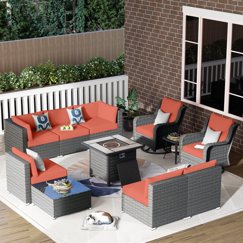 8 - Person Patio Conversation Set with Cushions, Orange Red