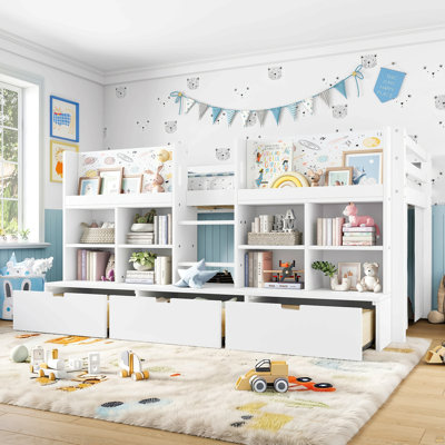 Lit mezzanine simple avec tablettes et rangements multiples