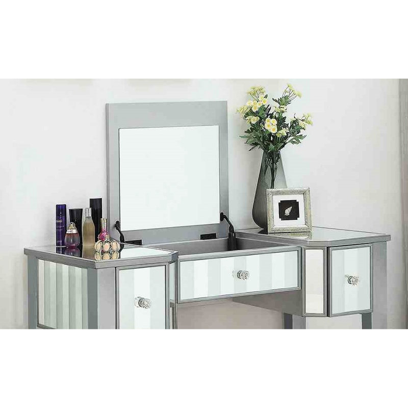 Coiffeuse et tabouret argentés (1 pièce), style transitionnel, 3 tiroirs de rangement, miroir central de 5 mm, en bois massif, style moderne, plan de maquillage, motif coloré