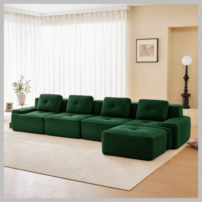 153" Modern L-Shaped Modular Sectional Sofa for Living Room, Corduroy Fabric, 4-Seater Couch with Deep Seat and Movable Ottoman, Pearl-like piping, Tufted Design, No Assembly, Anti-slip Design​,Green