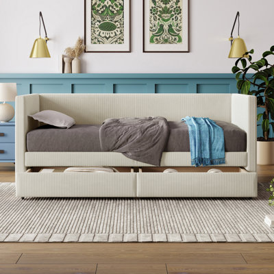 Twin Size Corduroy Daybed with Two Drawers and Wood Slat