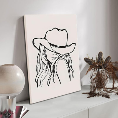 Western Cowgirl Canvas Wall Art Trendy Line Vintage Room Aesthetic Poster Picture Black And White Minimalist Print Painting Funky Wild West Cowgirls Wall Decor For Dorm Apartment Bedroom Framed