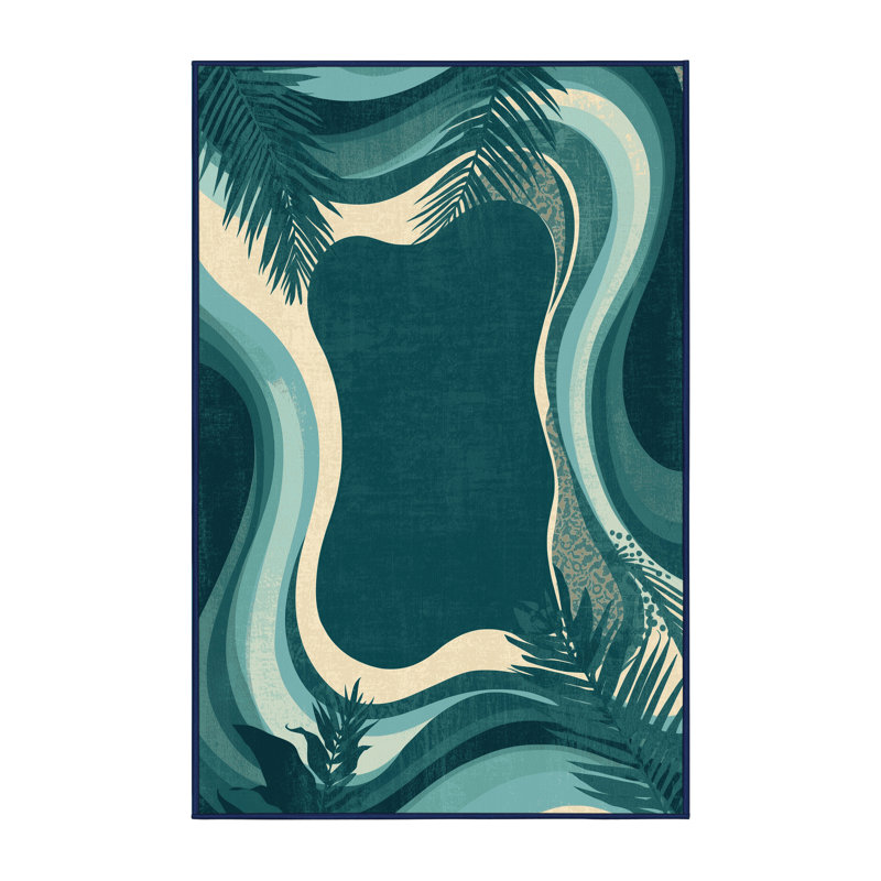 Machine Washable Peksenak Tropical Abstract Rug in Blue – Navy Binding, 6x9
