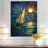 Voilier sur des vagues turquoise sous la pleine lune blanche - art mural plage et océan