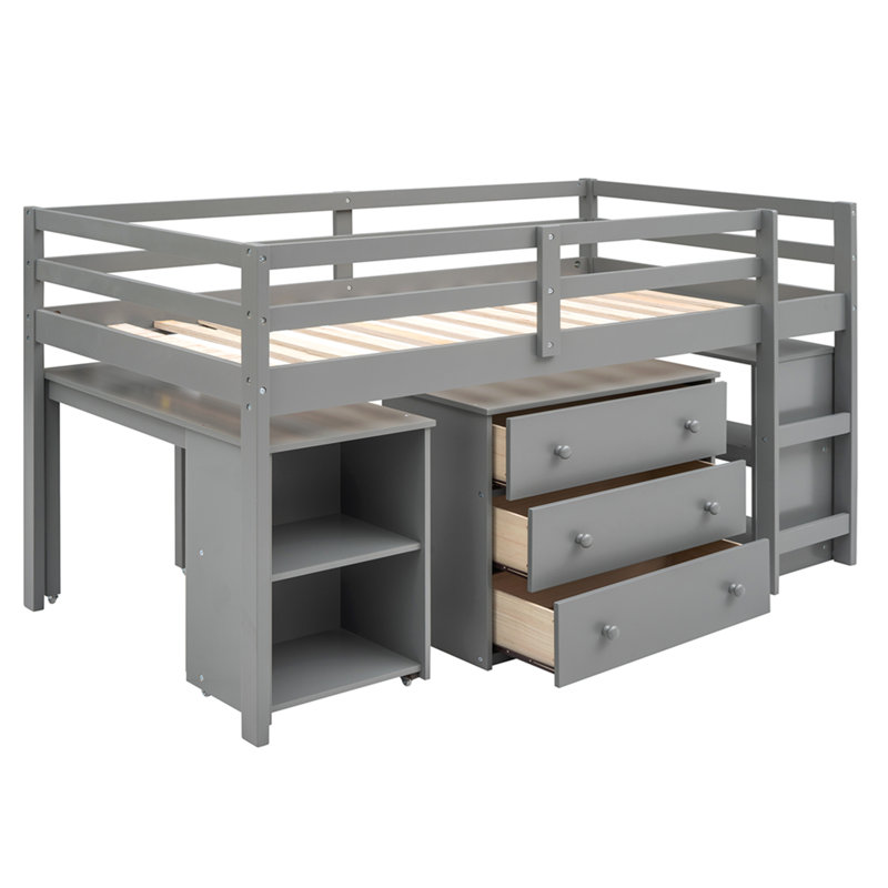 Low Study Twin Loft Bed with Cabinet and Rolling Portable Desk, Gray