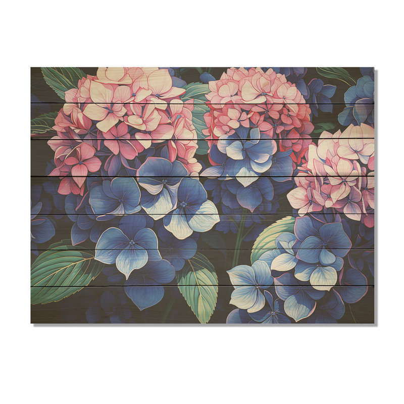 Hortensia rose et mauve harmonie I - hortensia sur bois, H 10 po x l 20 po