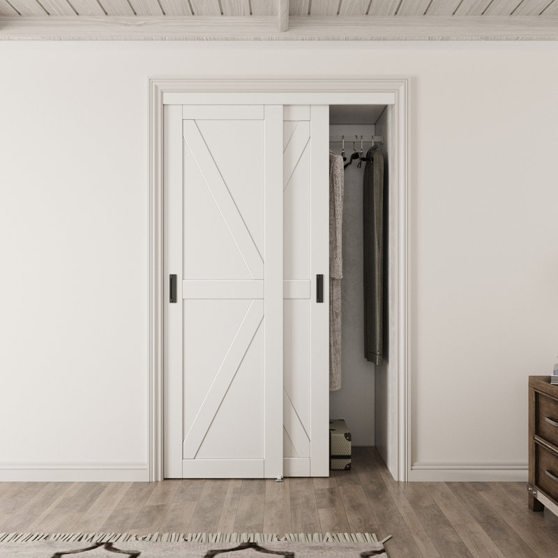 Non assemblé Requiert Porte de garde-robe coulissante de type K de 80 pouces peu encombrante - panneau de porte à grain de bois, comprend la quincaillerie complète
