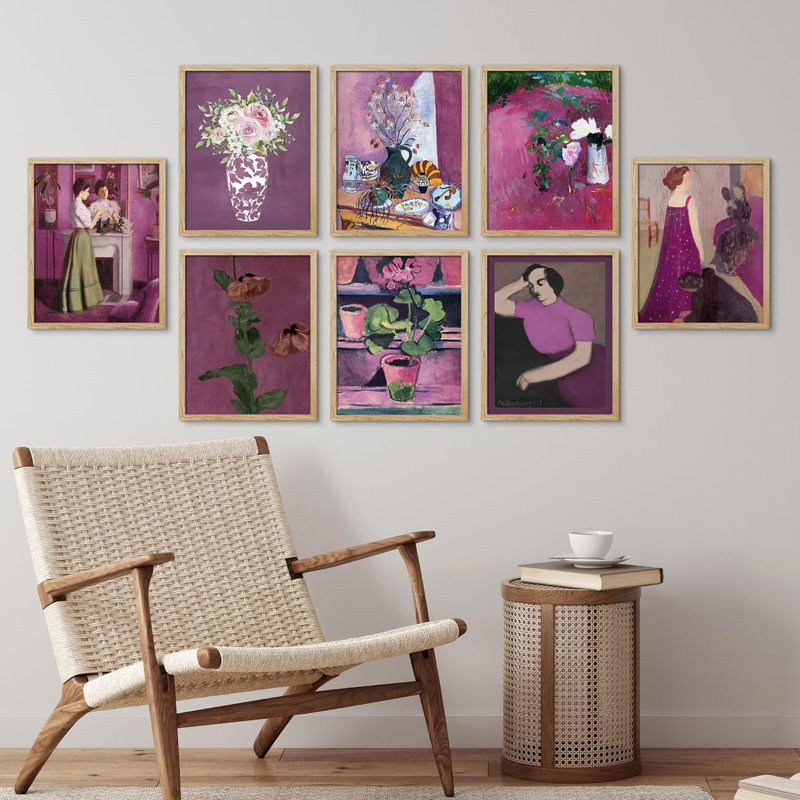 Rose et mauve, portrait de femme et fleurs vintage bohémiennes florales encadrées sur papier, impression de 8 pièces, Naturel