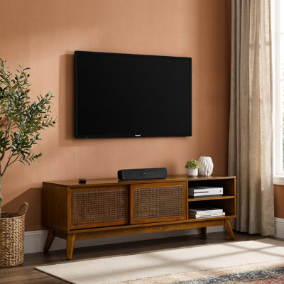 Mid-Century Rattan Media Console with Sliding Doors, 59-Inch Brown TV Stand