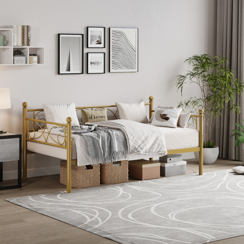 Twin Size Space-Saving Metal Daybed Frame with Floral Headboard, Heavy Duty Steel Slats, Trundle Compatible Sofa Bed for Living Room, Bedroom or Guest Room, No Box Spring Needed - Gold