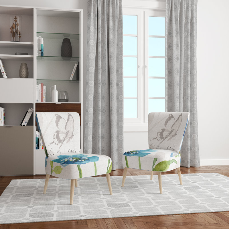 Upholstered Floral Side Chair - Modern floral Accent Chair, Abstract Blue Polyester Blend 16