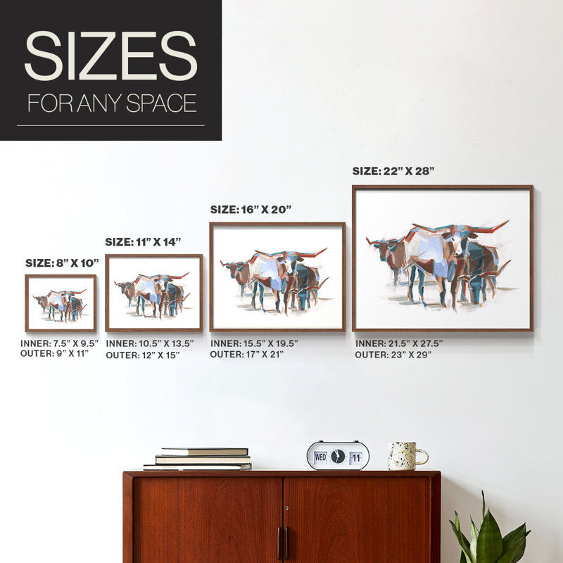 Modern Longhorns II - reproduction encadrée - réarmable, H 8 po x l 10 po, Noyer