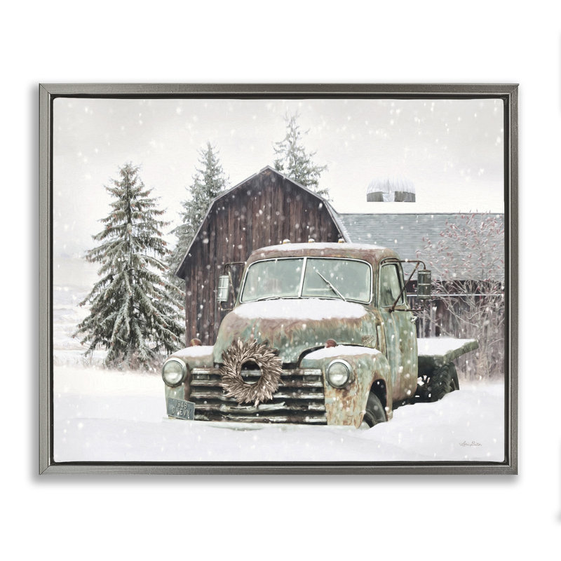 Camion et grange d'hiver rustique, Cadre flottant gris lustré, H 25 po x l 31 po