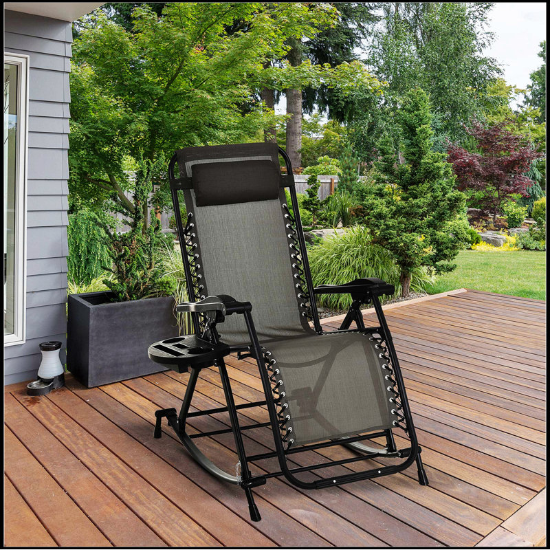 Outdoor Rocking Chairs, Foldable Reclining Anti Gravity Lounge Rocker w/ Pillow, Cup & Phone Holder, Gray