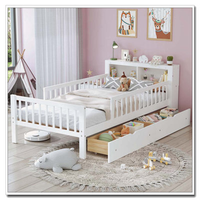 Lit simple avec support de rangement pour tête de lit, 2 tiroirs et garde-corps à 3 côtés, blanc